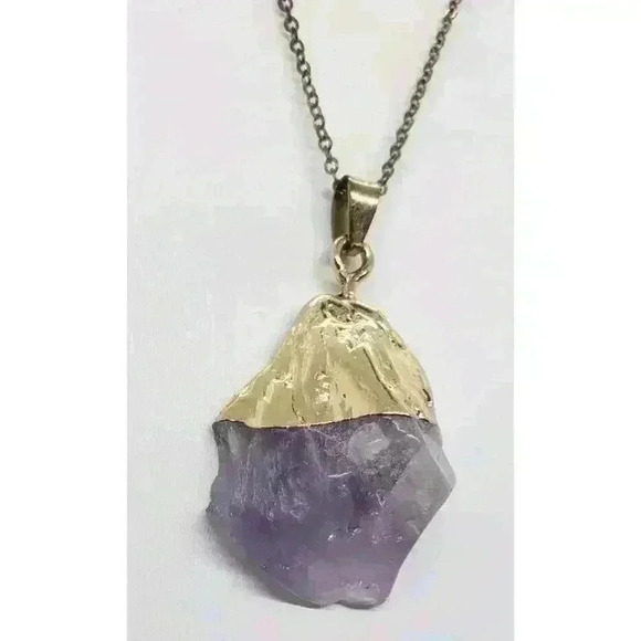 Genuine Amethyst Crystal Polished & Dipped In 14 Kt. Gold Pendant Necklace - Picture 2 of 13